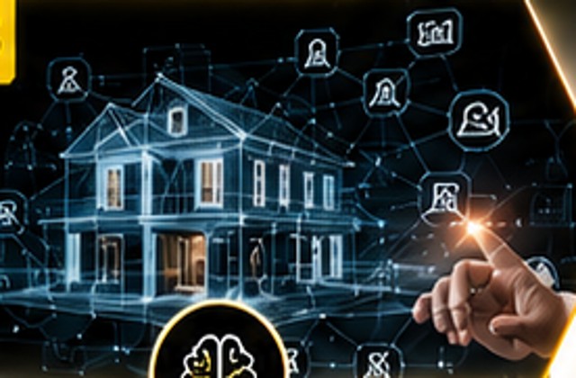 Digital wireframe of a building with AI connections